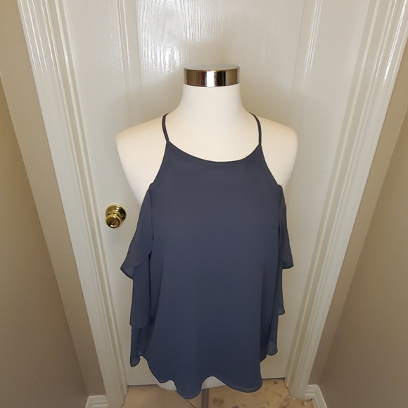 Naked Zebra Tops - GREY COLD SHOULDER RUFFLE SLEEVE BLOUSE